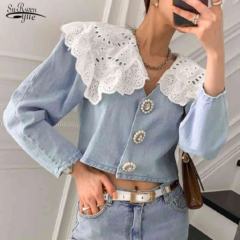 Vårhöst Koreanskt Sött temperament Tjejer Åldersreducerande Lace Stitching Doll Krage Demin Blusar Kvinnor Blusa 13968 210521