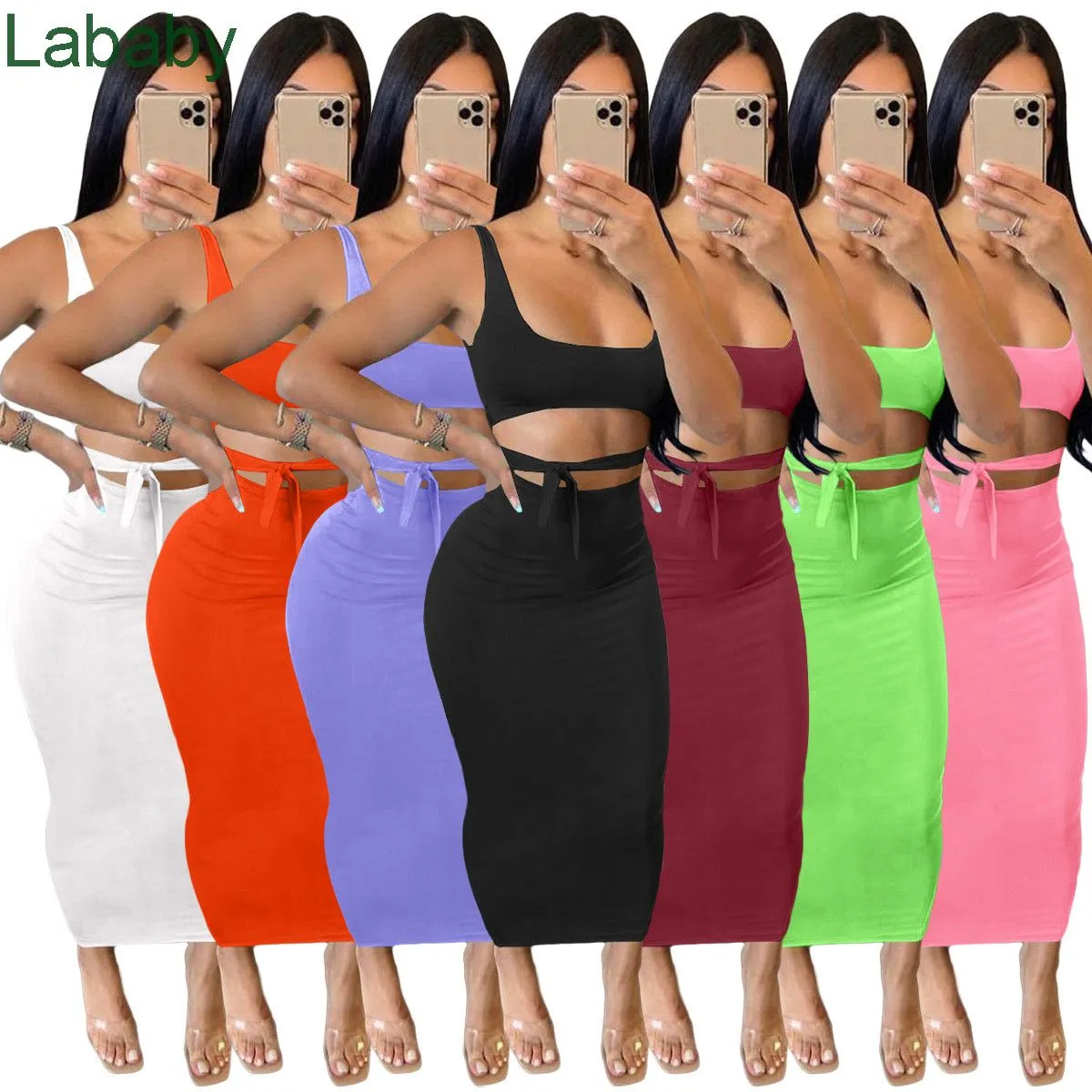 Женщины MIDI платье дизайнер тонкий сексуальные трексеи чистый цвет подвеска открытый живот многоцветный длинный юбка подходит для женщин наряды одежды 7 цветов