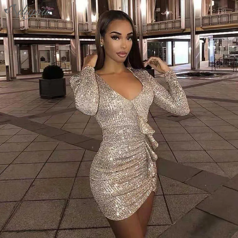 Summer Women's Gold Sequin Long Sleeve Mini Dress Sexy Ruffled V-neck Fashion Party Celebrity Runway Club 210527
