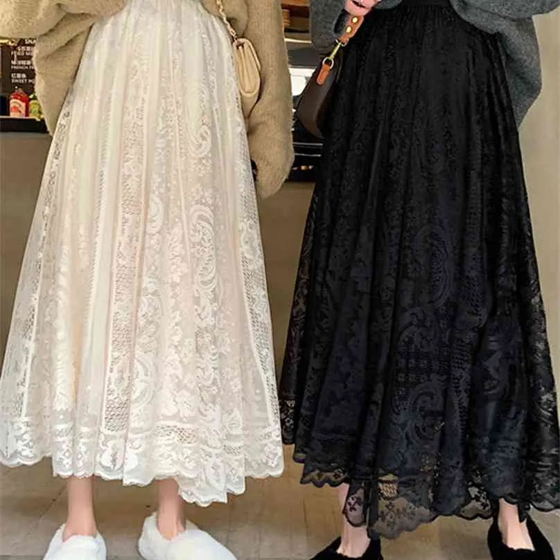 Werueruyu Spring and Summer Women's Waist Gace Lace Kjol Tunna A A-Line Long 210629
