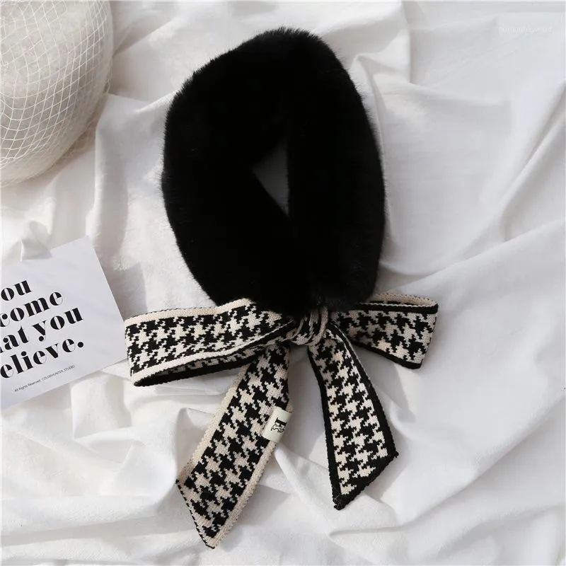 Szaliki Faux Rex Fur Scarf Pierścień Dla Kobiet Dzianiny Kratę Wstążka Damska Kołnierz Zimowy Ciepła Neckerchief Swallow Siatka Czarny