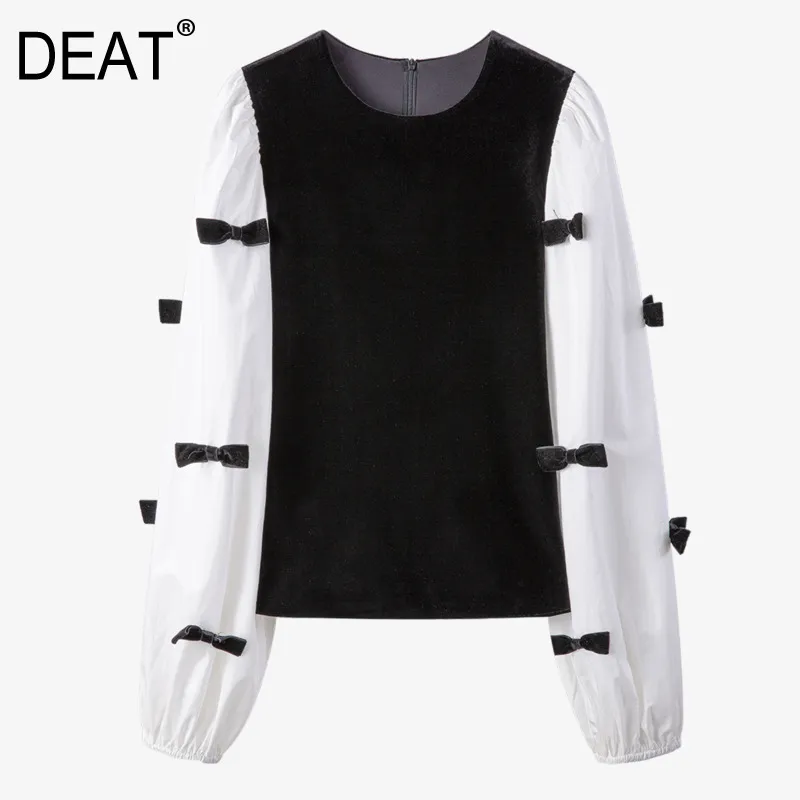 [DEAT] O-neck Neck Bow Bubble Long Sleeve Color Contrast Patchwork Shirt For Women Casual New Fashion Tide Spring GX31 210428