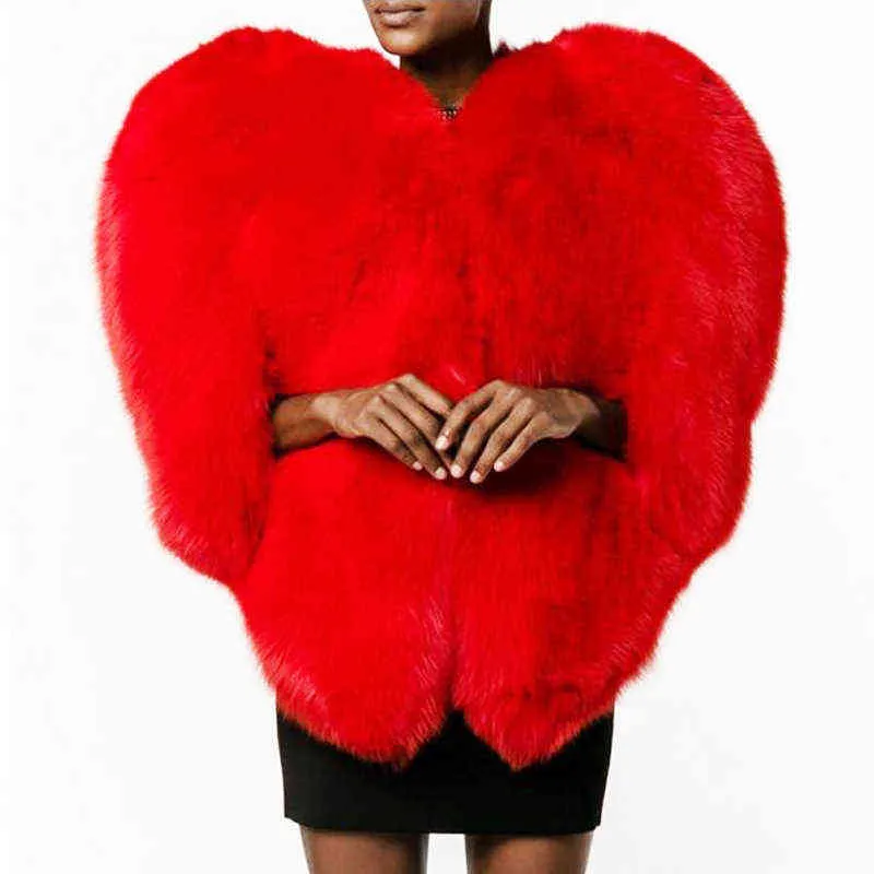 3D Heart Shape Faux Fur Coat Winter Jacket Women Coats Jackets Femme Red Color Coats Womens Mujer Damen Pelzmantel Fall Jacket