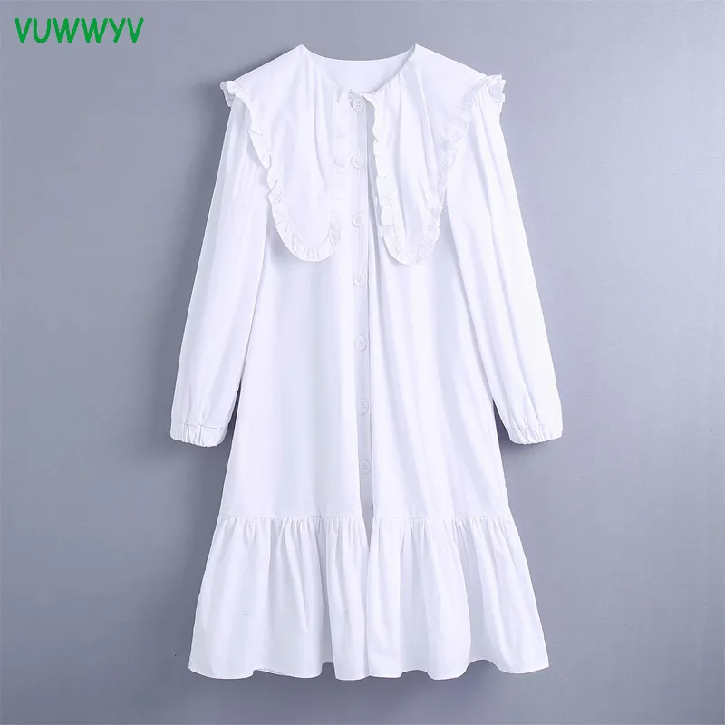 VUWWYV Weiß Übergroße Rüschen Midi Kleider für Frauen Vintage Party Frau Kleid Langarm Front Knöpfe Vestidos 210430
