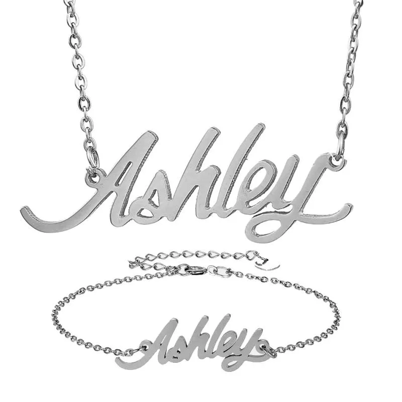 Ohrringe Halskette Mode Edelstahl Namensarmband Set Ashley Skript Buchstabe Gold Halsband Kette Anhänger Namensschild Gi232M