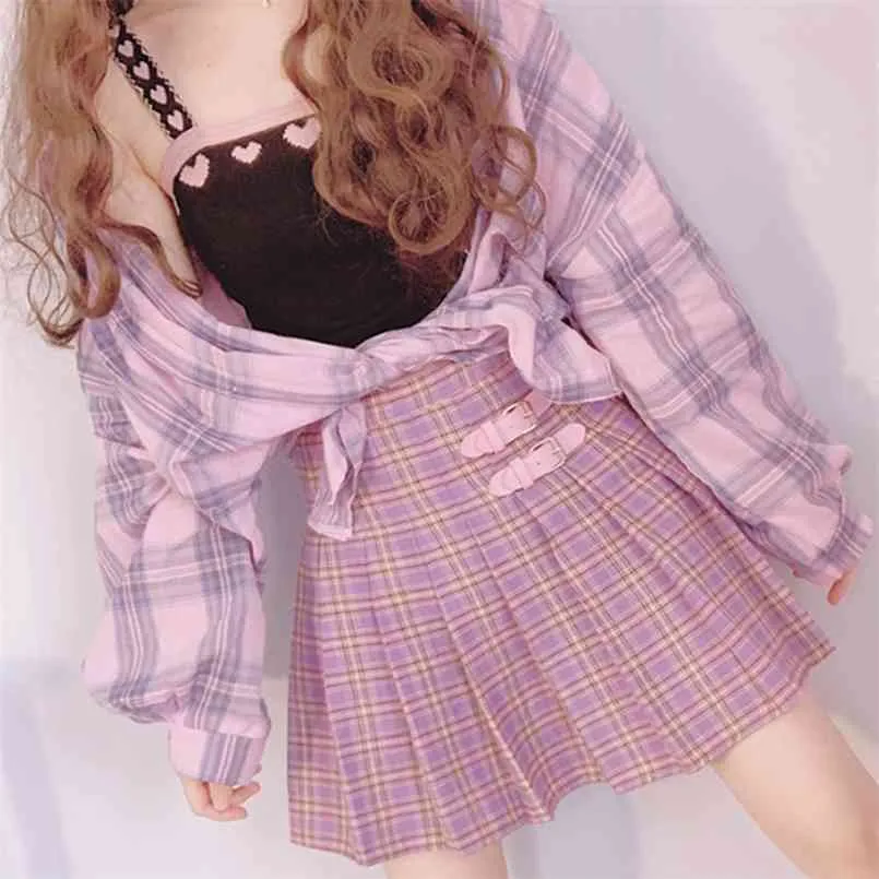 Harajuku Pastel Purple Plaid Skirt Knif Pleat High Waist Mini Tennisskirt For Women School-Girl Outfits / 210708