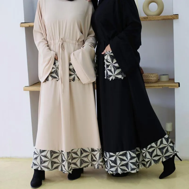 Etnisk Kläder Mandylandy Muslim Mode Klänning Kvinnor Enkel Stitching Korset Arabiska Turkiska Abaya Fickor Ramadan Hijab Djellaba Caftan