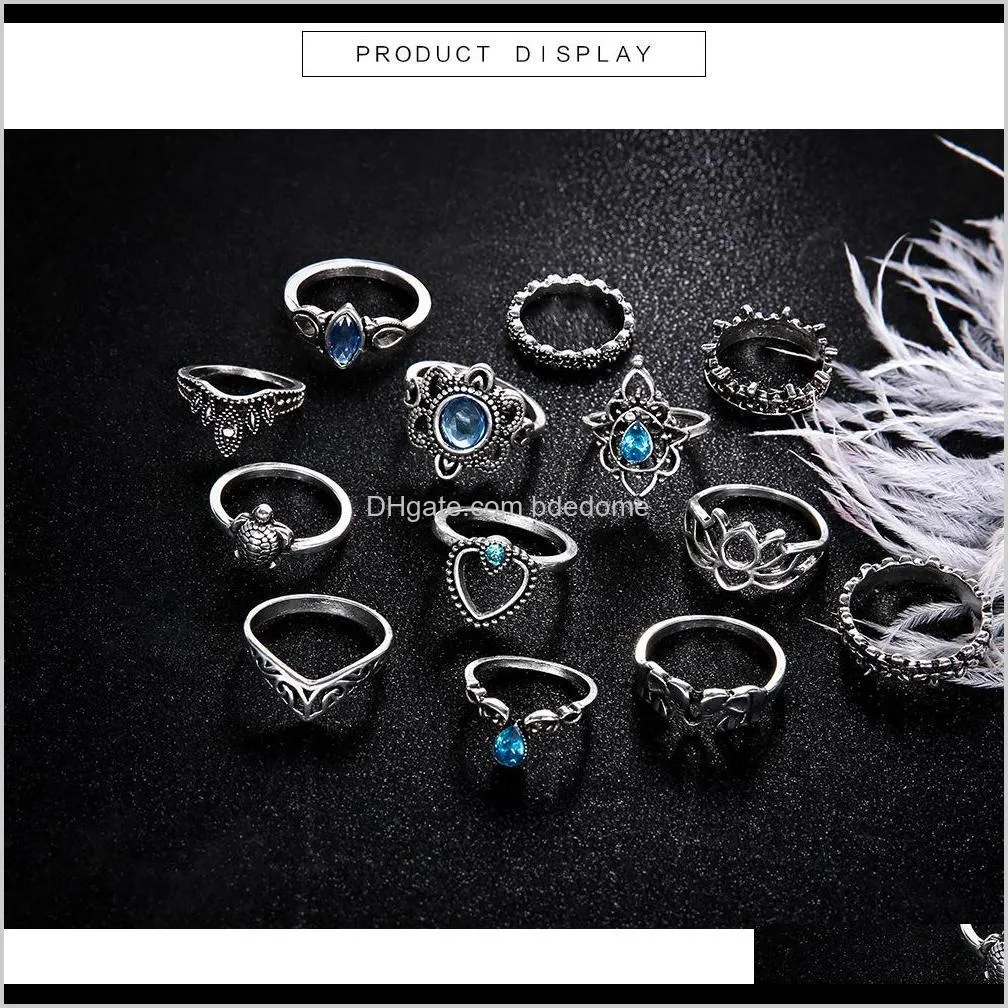  shipping european and american jewelry retro diamond carved crown starry sky gemstone 13-piece combination set ring
