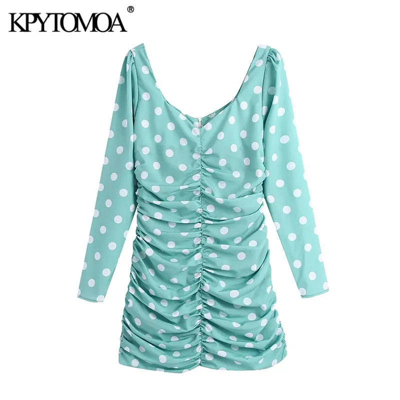 Women Chic Fashion Polka Dot Pleated Mini Dress Vintage Long Sleeve Back Zipper Female Dresses Vestidos Mujer 210416