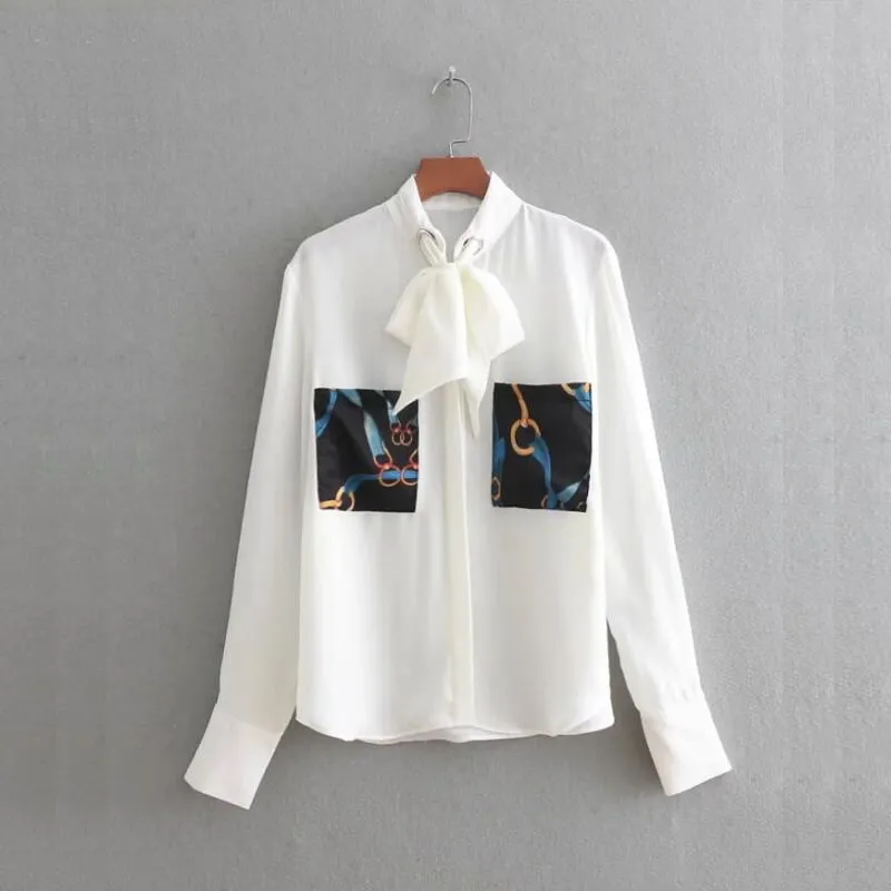 catena stampa patch tasca decorazione camicette donna casual lady camicie a maniche lunghe moda top larghi chemise blusas S3756 210430