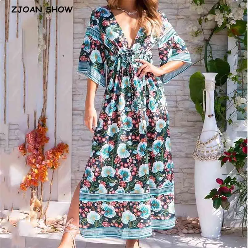 Boho Flower Print Flare Manches Side Split Robe Deep V Col Vacances Femmes Ajuster la taille Cordon de serrage Robes longues Robes 210429