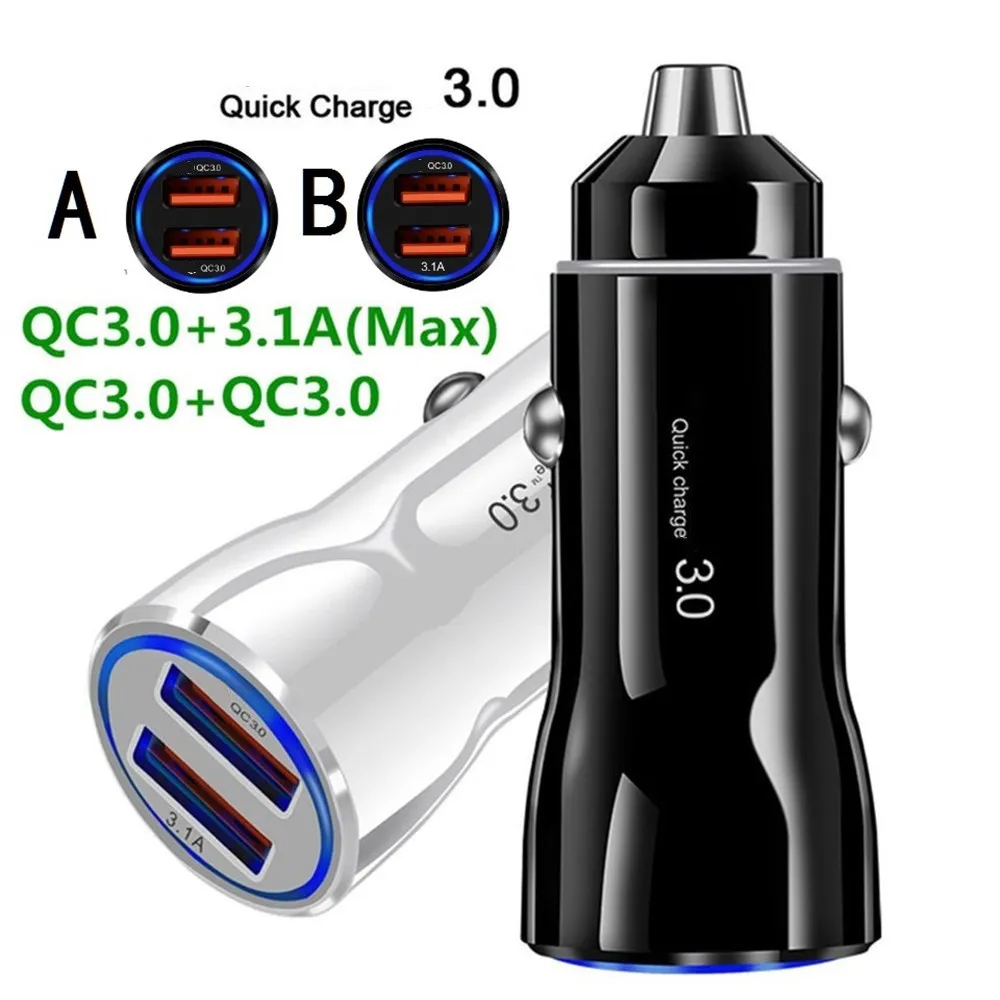 Быстрая быстрая зарядка двойная USB -порты Car Charger QC3.0 36W 30W Auto Power Adapters для iPhone 11 13 14 15 Pro Samsung HTC Android Phone GPS ПК