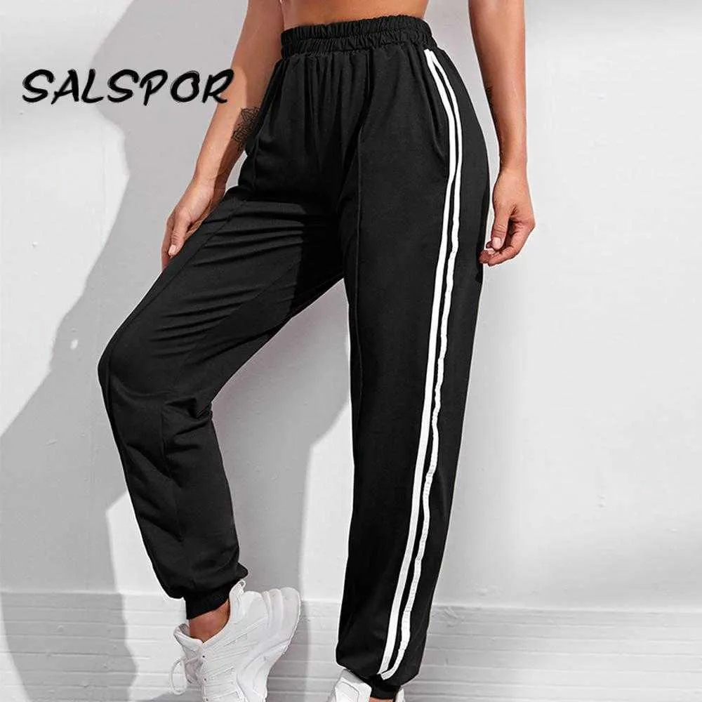 Salspor Elastik Sweatpants Kadın Rahat Harem Pantolon Yüksek Bel Gevşek Kore Moda Streetwear Siyah Çizgili Yan Ter Pantolon Q0801