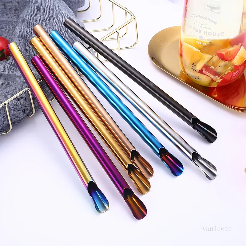 Spoon Shape Straws Reusable 304 Stainless Steel Metal Straw For Smoothies Tapioca Pearls Milk Bubble Tea Drinking Straws T500643