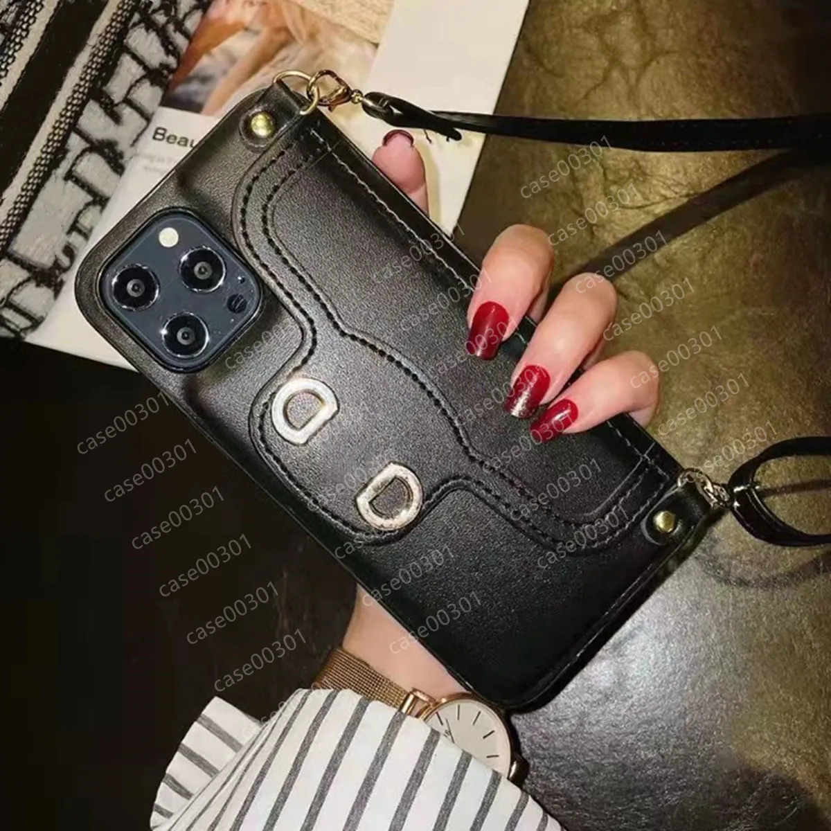 Damska Designer Lanyard Crossbody Telefon Przypadki dla iPhone 13 12 11 Pro Max XR X XSMAX 7 8 PLUS Luksusowy PU Skórzana ochrona Skórzana Powłoka Moda Telefon komórkowy Torba