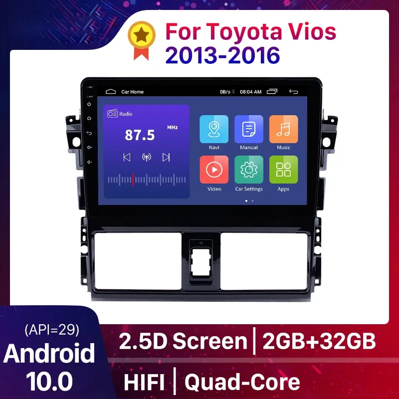 Android 10.0 HiFi 2Din Auto DVD Video Radio Radio GPS Multimedia Unit Player voor Toyota VIOS 2013-2016 Ondersteuning Mirror Link 2 GB + 32 GB