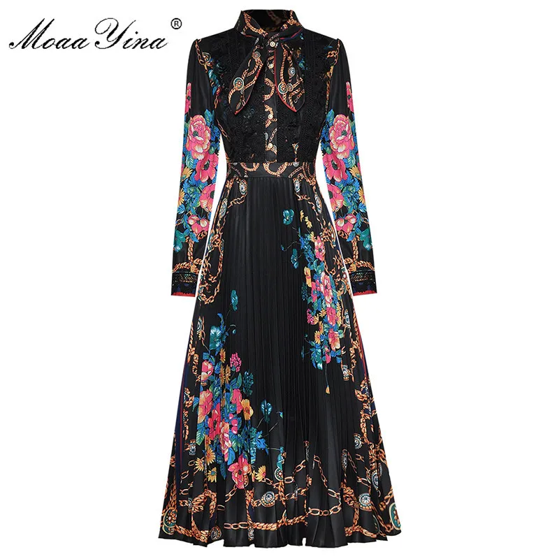 Modedesignerkleid Frühling Herbst Damenkleid Bogenkragen Langarm Vintage Blumendruck Spitze Plissee Kleider 210524