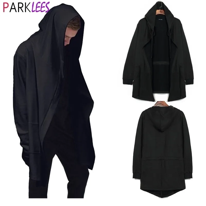 Men's Casual Long Hooded Cardigan Large Cape Cloak Black Coat Hip Hop Gothic Punk Pullover Hoodie Men Streetwear Sweat Homme 210522