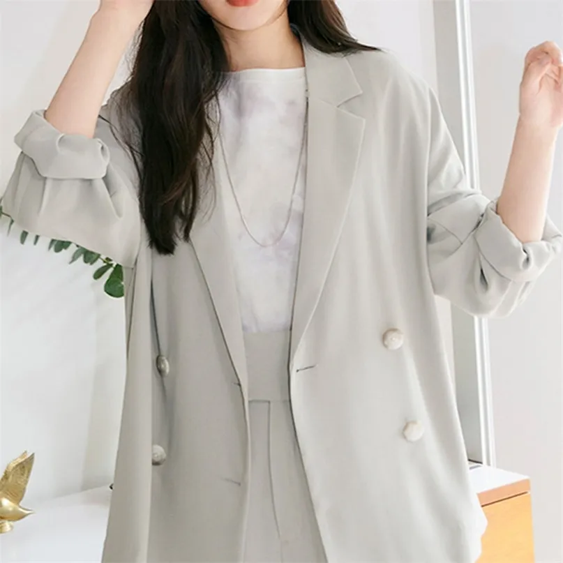 Spring Elegant Woman Jacket Turn Down Collar Long Sleeve Double Breast Blazer Women Work Style Ol Solid Simple Coat 210519