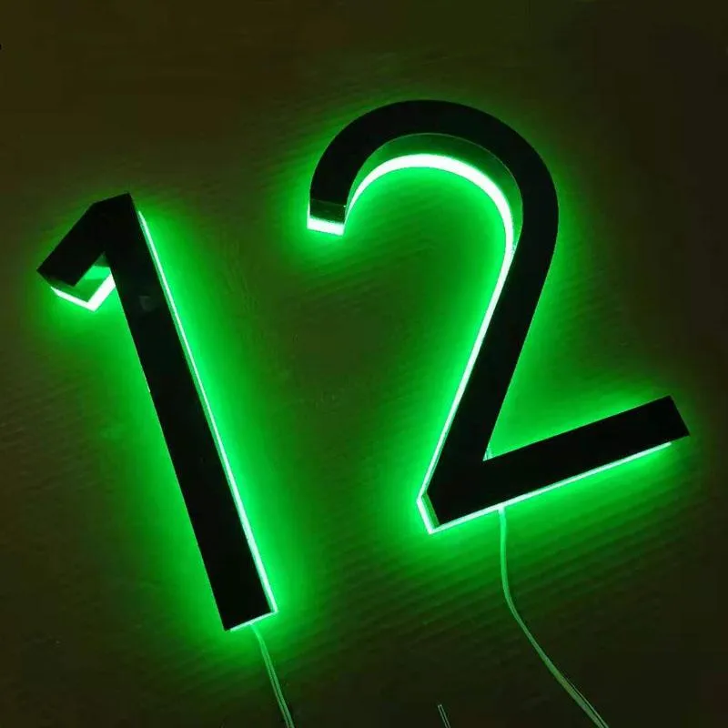Numéros de maison verts illuminés en métal, lumière extérieure étanche, plaques de porte El, signe en acier inoxydable, adresse, autre matériel