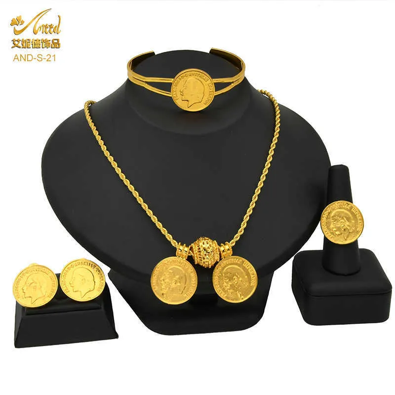 Conjuntos de jóias Luxury Designer Bracelete Aniid Africano Set Colar Bridal Brinco Bridagem Mulheres Indian Banhado A Ouro Moeda Anéis de Casamento Egípcio