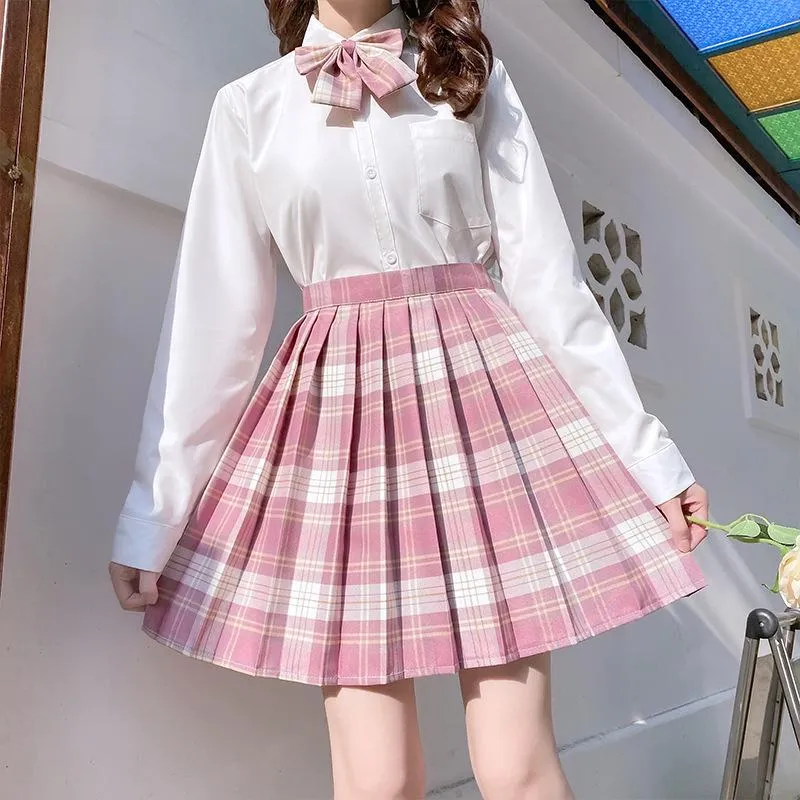 Kjolar Japan stil Kvinnors pläterad kjol med slips Hög midja En linje Söt damer skoluniform kort för kvinnlig 2022