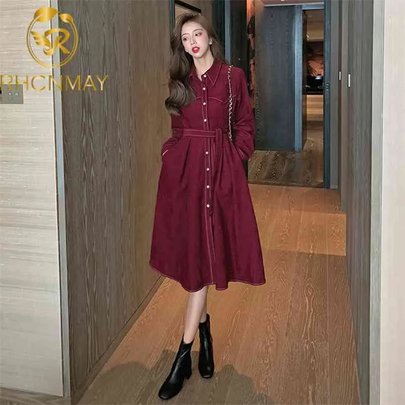 Женщины Corduroy Dress Streetwear Французский стиль Сплошной романтический Винтаж Es Осенняя MIDI Длинная стройная Freenum 210506