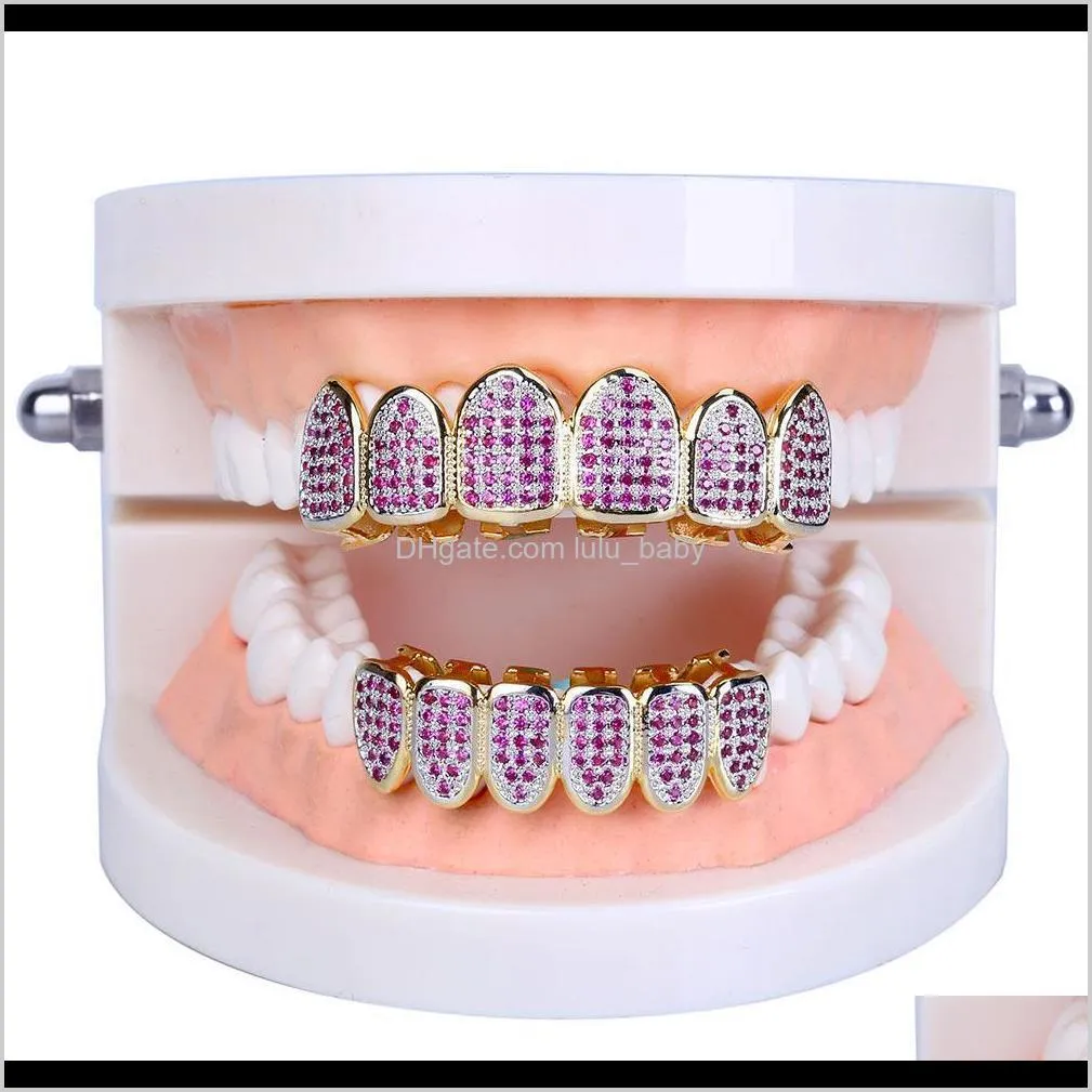 new custom fit hiphop gold teeth grillz caps micro pave fuchsia cubic zirconia top & bottom grills set for christmas gift women