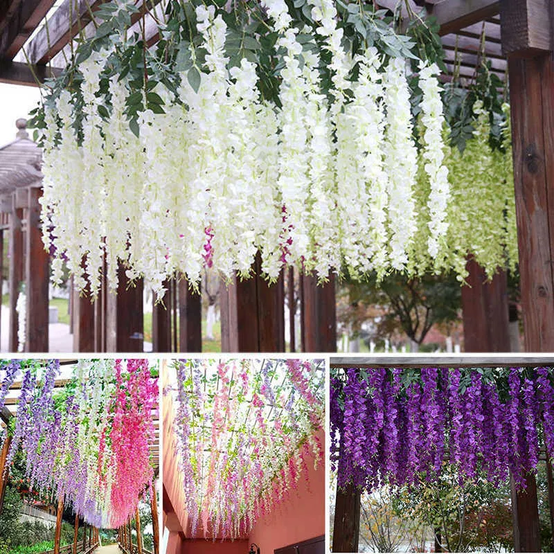 12pcs wisteria artificiell blomma rotting krans båge bröllop hem trädgård kontor dekoration hänge växt vägg dekoration y0728