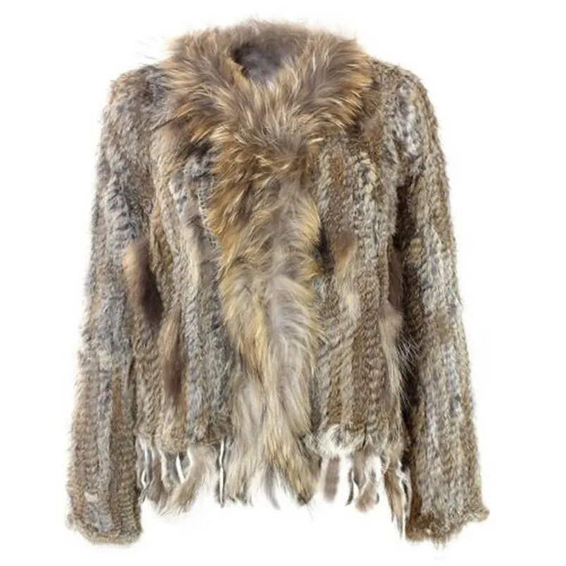 Gilet de fourrure de lapin tricoté naturel avec col de raton laveur manteau de fourrure à manches longues avec gland personnalisé pardessus grande taille 210816