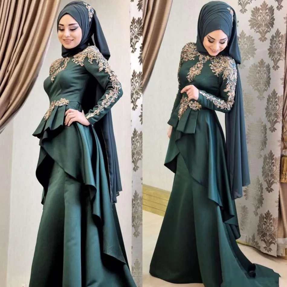 Muslimska mörkgröna aftonklänningar Långa ärmar Guldbroderi Tiered kjol Satin Pärlad svep Train Custom Made Formal OCN Wear Party Vestidos 403