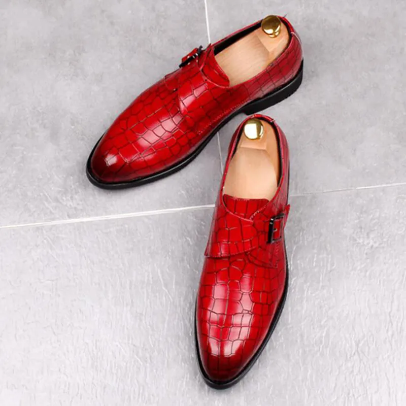 Luxury metal Buckle Style Men s Business Prom Shoes Red black Wedding Pointed Toe Men Flats Loafers Footwear EUR siz 38 44