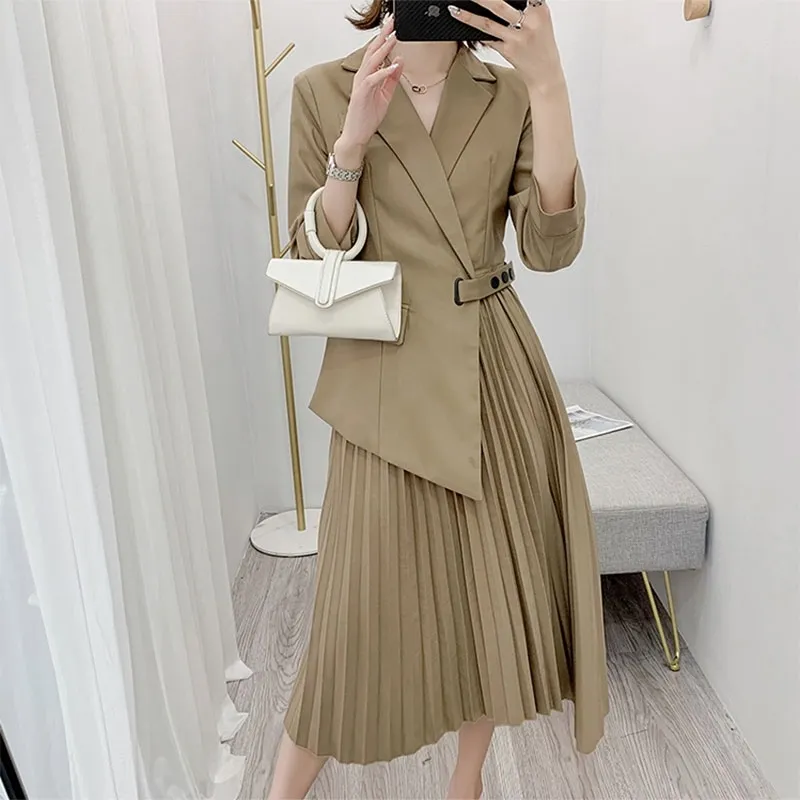 Elegant Irregular Pleated Office Notched Blazer Women Solid 3/4 Sleeve Buckle Button Chic Dress Autumn Spring Trend 210416