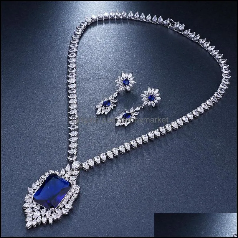 Earrings & Necklace Ekopdee Classic Teardrop Cubic Zirconia Chain Jewelry Set For Women Big Zircon Wedding Dress Accessories 2021