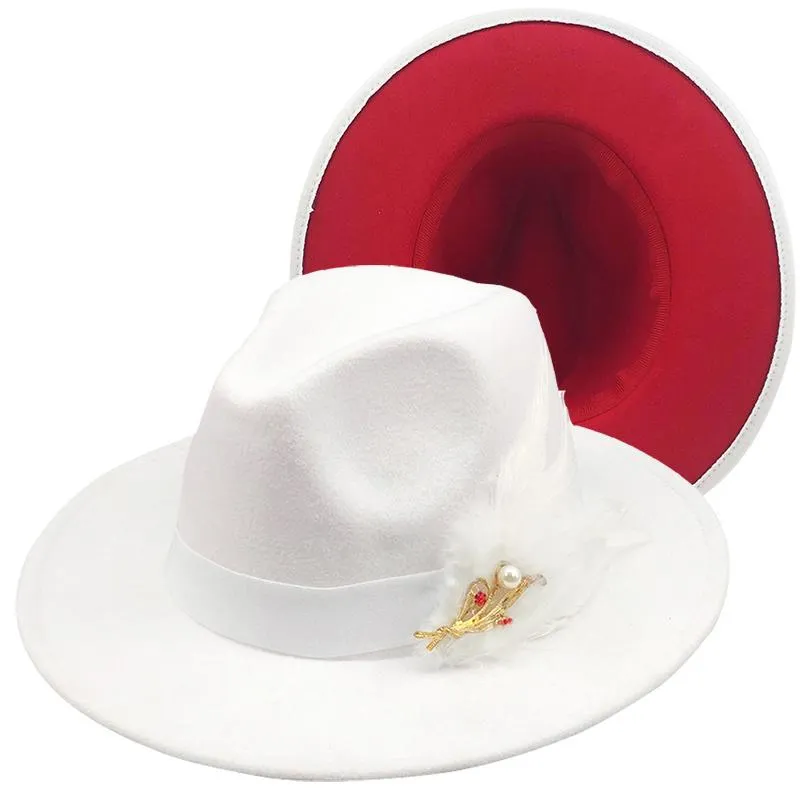 Szeroki Brim Kapelusze Czerwony Luksusowy White Patchwork Feld Jazz Hat Cap Mężczyźni Kobiety Płaskie Wełna Piórko Fedora Panama Trilby Vintage