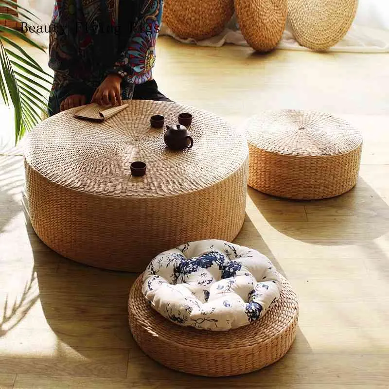 Pastoral wind grass Japanese style cushion thick round rattan tatami cushion meditation mat by daze meditation yoga mat 210716