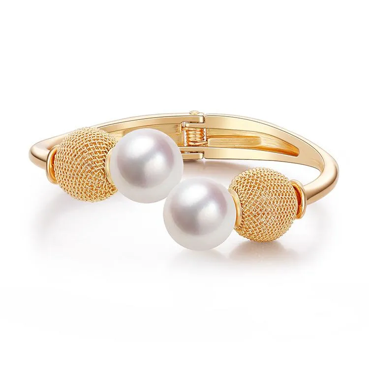 Natural Freshwater Pearls Two Round Shape Pearl Metal Beads Adjustable Bracelets Charm Jewelry Accessories Gift Bangle