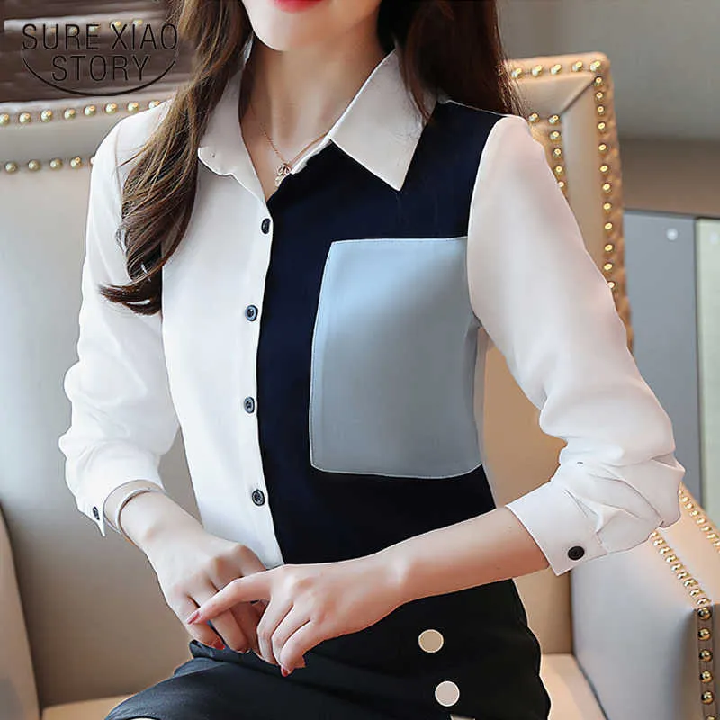 Camicia da donna in chiffon con cuciture coreane stile primaverile Camicia a maniche lunghe a righe Camicetta da donna Top elegante Chemisier Femme 7089 210528