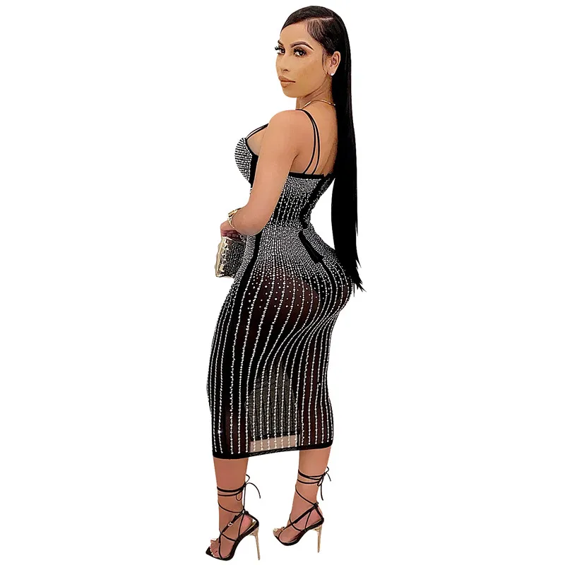 Nouveau Sexy Femmes Night Club Robes De Plus La Taille 3XL Midi Strass Automne Eté Moulante Robe Une Pièce Maille Sheer Spaghetti Strap Jupes Clubs portent DHL 5567