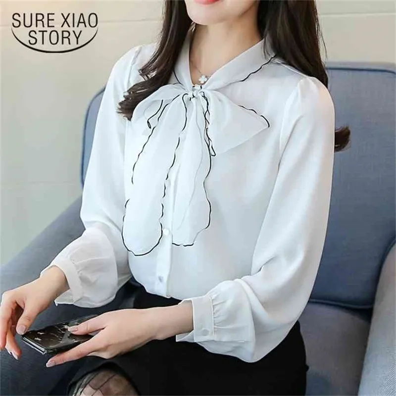 spring fashion chiffon women blouses bow long sleeved office lady sweet style shirts clothing D445 30 210506