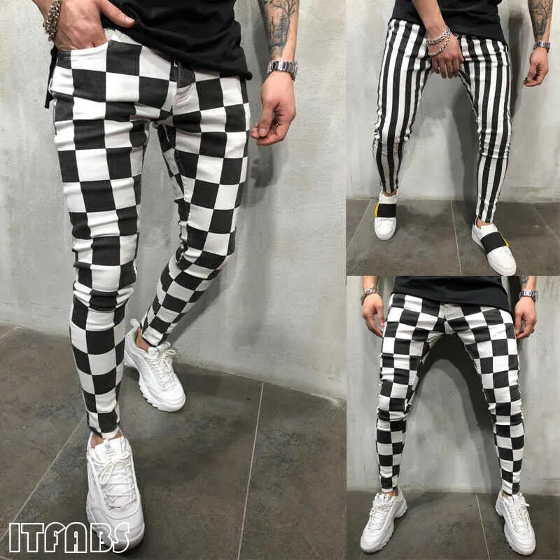 2020 Męskie szczupłe spodnie rajstopy fitness moda szczupła wygodne paski kratę czarny biały przypadkowy spodnie ołówek mężczyźni ubrania x0615