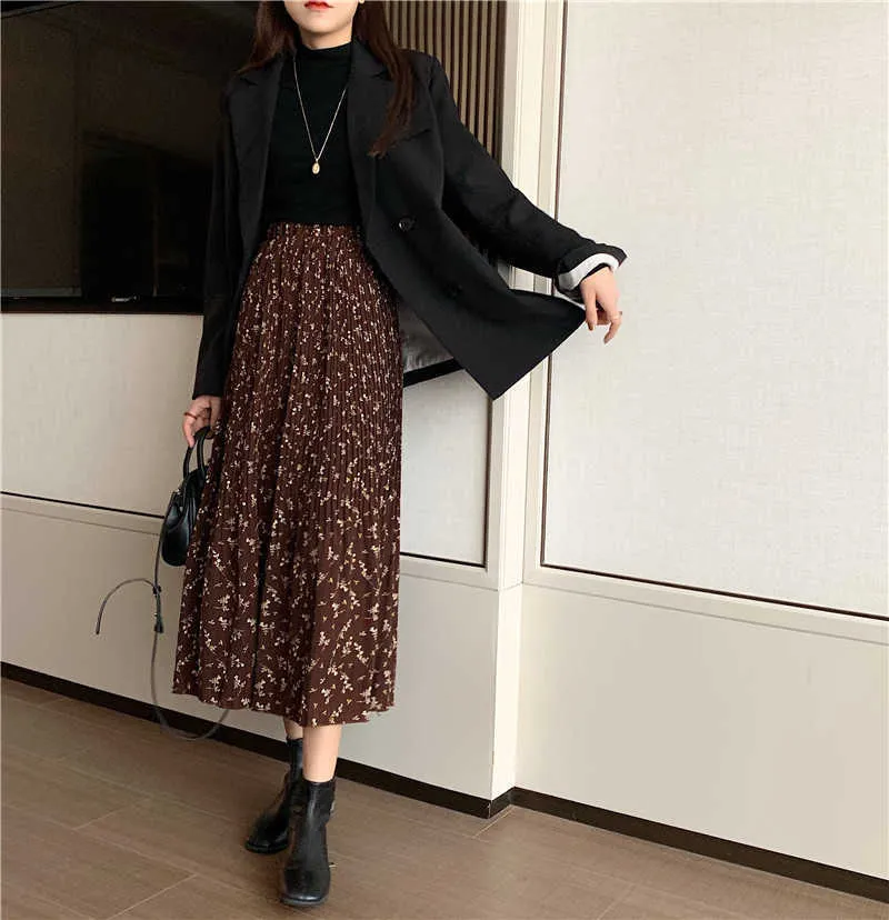 Korean Streetwear Vintage Floral A-line Pleated Long denim