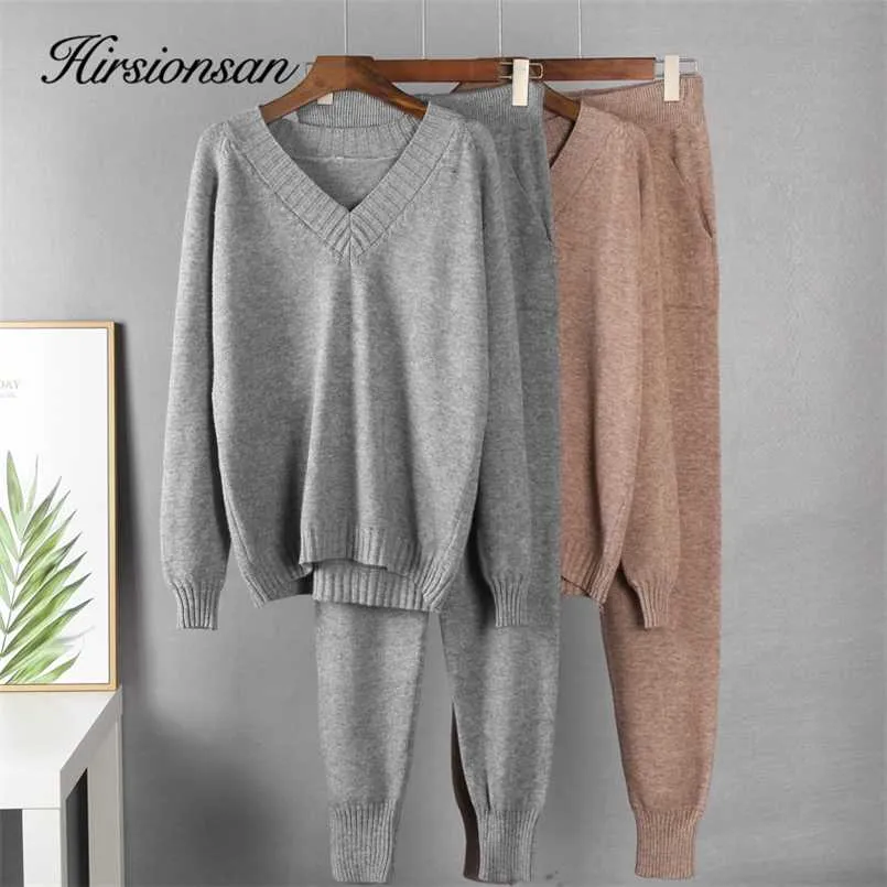 Hirsionsan Cashmere Conjuntos de Malha Mulheres Solta V Neck Sweater Cenoura Calça 2 Peças Femininas Roupas Tracksuits Harem Calças 211007