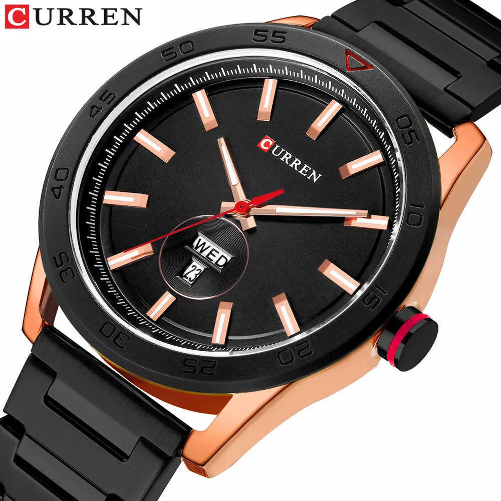 Curren relógios para homens luxo banda de aço inoxidável assistir estilo casual relógio de pulso de quartzo com calendário preto relógio masculino presente q0524