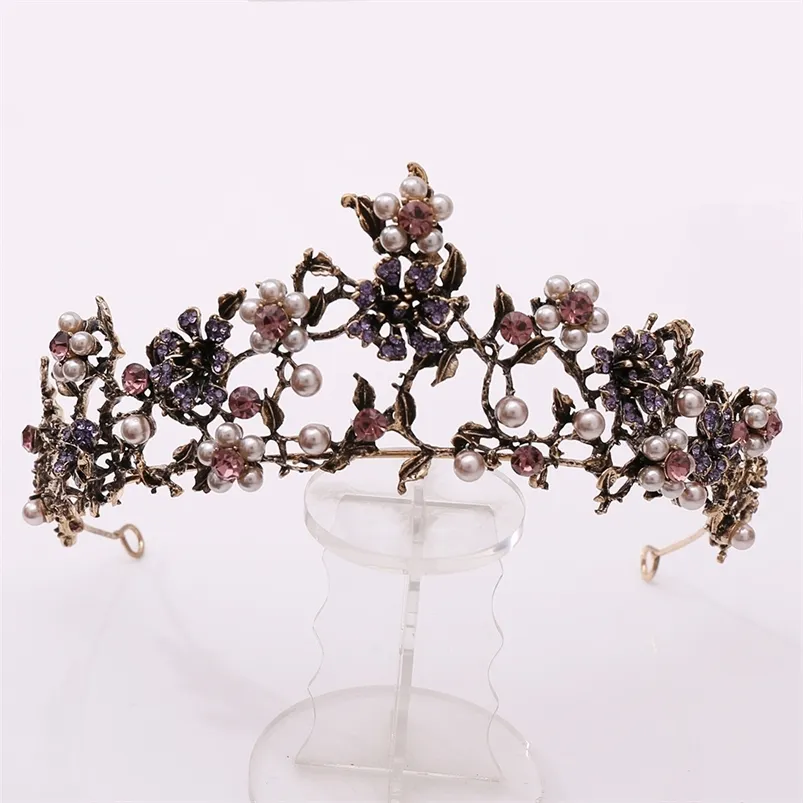 Barroco Vintage Negro Púrpura Cristal Perls Bridal Tiaras Crown Pageant Didem Veil Tiara Accesorios para el cabello de la boda 210701