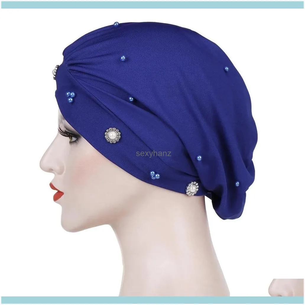 New Women Muslim Beads Cancer Cap Hat Bonnet Turban Headscarf Wrap Cap Hair Loss Elastic Skullies Beanies Arab Cover Fashion