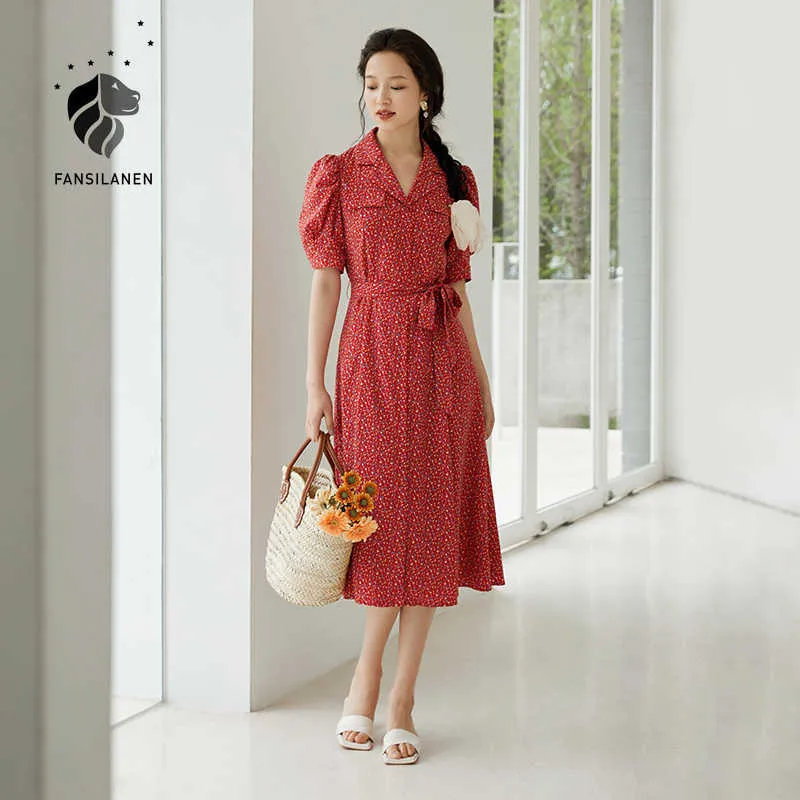 Fansilanen Office Lady French Retro Floral Red Long Dress Dames Summer Style Puff Sleeve V-hals thee pauze 210607