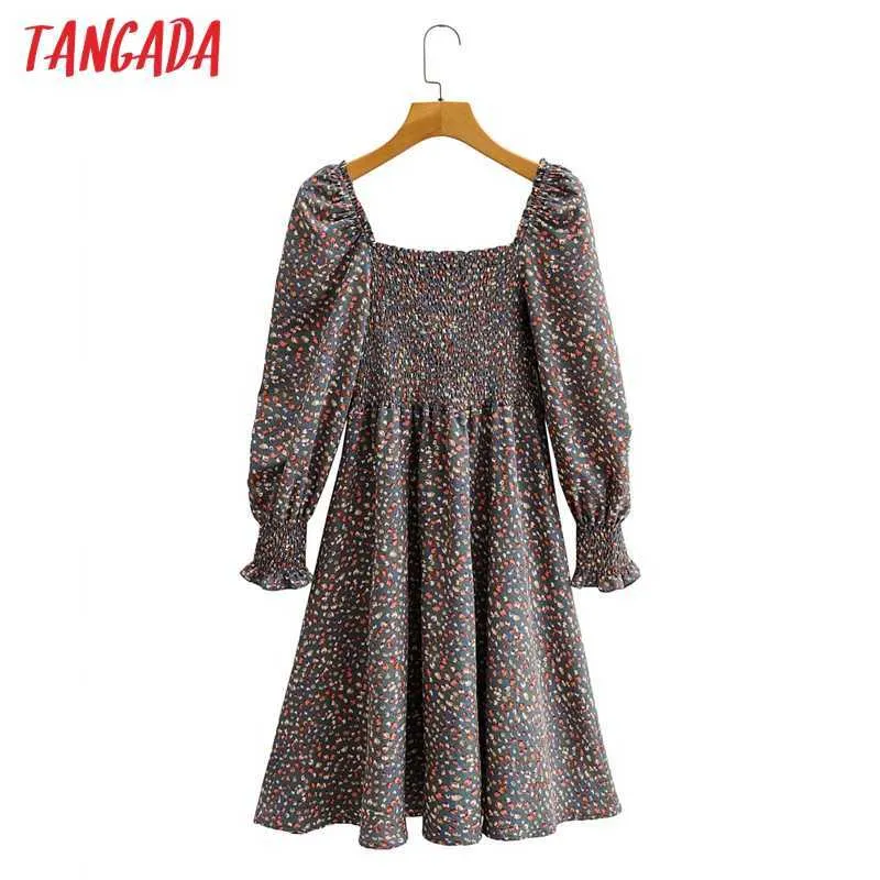 Tangada moda mulheres flores impressão plissada vestido sopro manga longa senhoras vintage midi vestido vestidos 1f85 210609