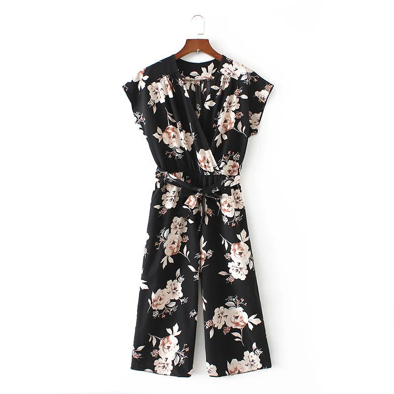 women vintage V neck floral jumpsuits wide leg pants sashes pleated elastic waist rompers summer casual playsuits 210419