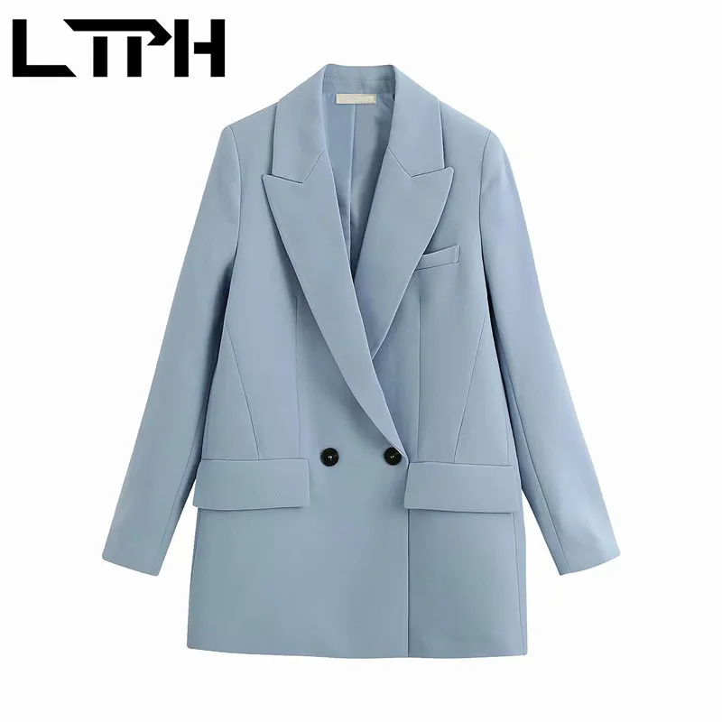 Moda Blue Double Breasted Women Blazer Kurtki Biznes Ol Styl Luźny Wysokiej Jakości Casual Płaszcz Wiosna Jesień 210427